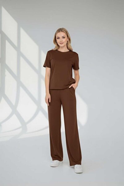 SKYMOOD New Season Top-Bottom (T-Shirt-Sweatpants) 2-Piece Set - (Brown)