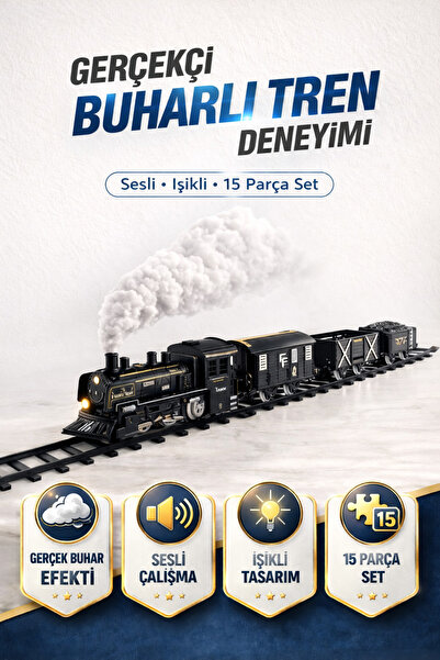 TRENDZONE Pilli Sesli Işıklı Gerçekçi Buhar Atan 15 Parça Oyuncak Klasik Loko...