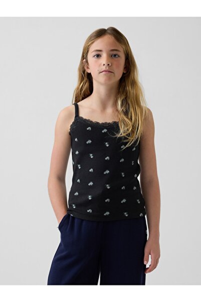 GAP Kız Çocuk Lacivert Waffle Dantel Kenarlı Cami Atlet