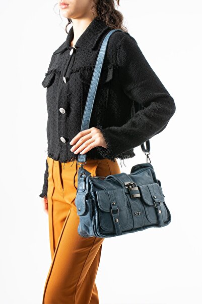 571 Collections Çanta Πλυμένη δερμάτινη τσάντα ώμου μπλε - Με αξεσουάρ κλειδα...