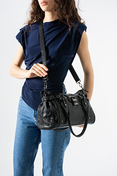 571 Collections Çanta Πλυμένη δερμάτινη τσάντα ώμου μαύρη - Με αξεσουάρ κλειδ...