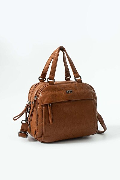 H&D COLLECTİON 571 Πλυμένο δερμάτινο λουράκι χιαστί, τσάντα ώμου Μαύρο Μοντέλ...