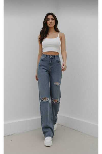 NWC Aşk 90`s Lycra Casual Γυναικείο Μεσαίο Μπλε Snow Wash 3 Σκισμένο Παντελόν...