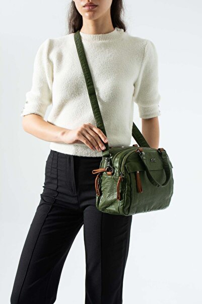 571 Collections Çanta Πλυμένο δερμάτινο λουράκι χιαστί, τσάντα ώμου πράσινο Μ...