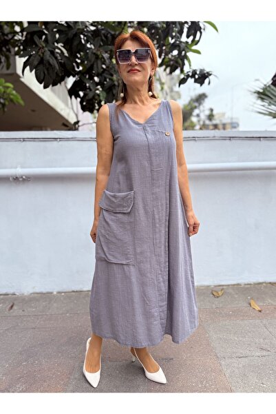 DenizEge Φόρεμα με λινό λουράκι και μεγάλη τσέπη, ανθρακί
