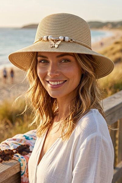Ritagarcia Γυναικείο ψάθινο καπέλο Fedora, κομψό καπέλο παραλίας με αξεσουάρ