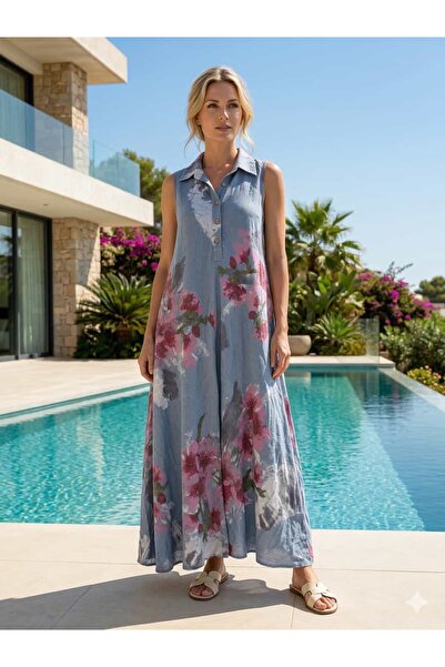 Punta Otantik PT6862 Ιταλικό αμάνικο λινό φόρεμα με γιακά, μπλε