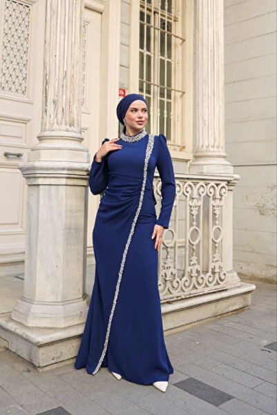 VİBRANTTEKSTİL KADIN TESETTÜR ABİYE UZUN KOLLU DRAPE DETAYLI KRİSTAL TAŞ İŞLE...