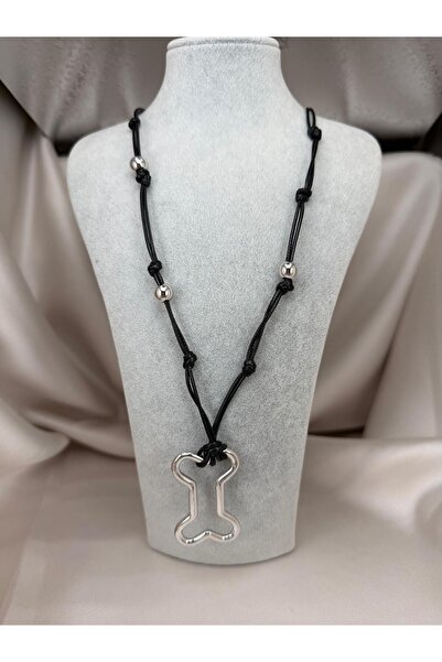 ZS Aksesuar Silver Color Dog Bone Figured Necklace Black String Trend Necklace