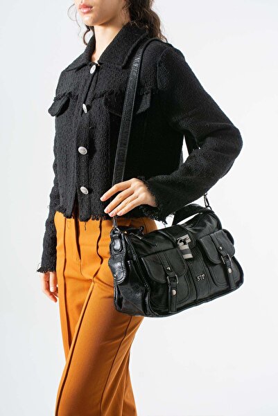 571 Collections Çanta Πλυμένη δερμάτινη τσάντα ώμου μαύρη - Με αξεσουάρ κλειδ...