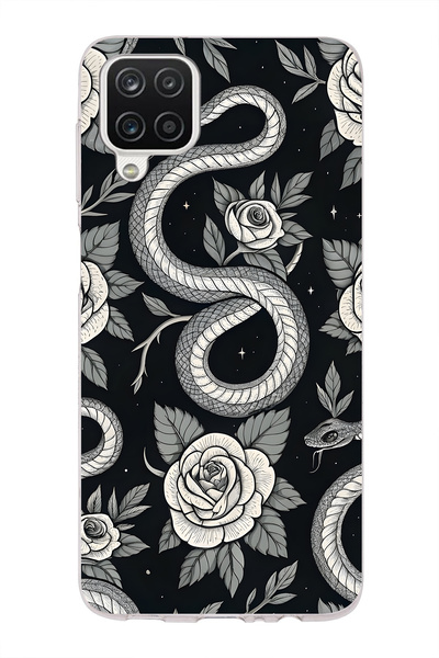 FLAMENKO Samsung Galaxy A22 / M22 / M32 Compatible Black Rose and Snake Patte...