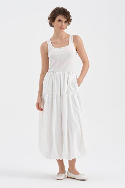 tw3 Γυναικείο φόρεμα με πλεκτό επάνω μέρος και υφαντό υφασμάτινο κάτω μέρος, ...