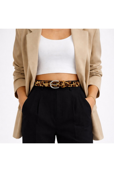 Pratsska Leopard Patterned Women's Belt – Faux Leather, Silver Buckle, Stylis...