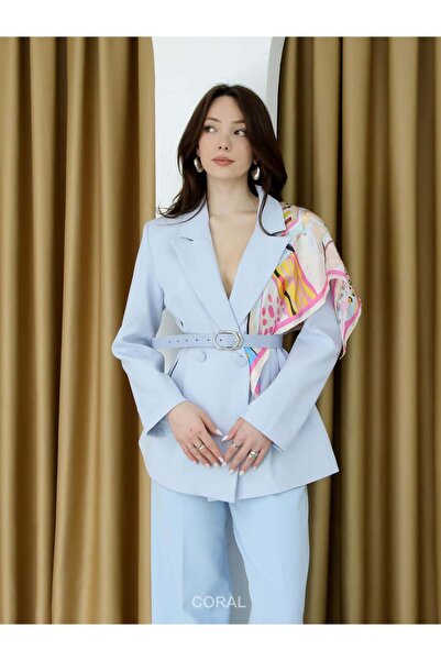Coral Shoulder Shawl Detailed Belted Jacket 6337 Baby Blue