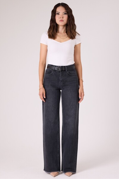 cracpot Kadın Koyu Füme Eskitme Taş Yıkama Wide Leg Jean Pantolon – Yüksek Be...