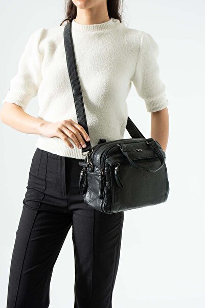571 Collections Çanta Πλυμένο δερμάτινο λουράκι χιαστί, τσάντα ώμου, μαύρο Μο...