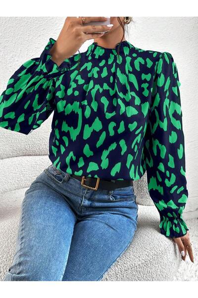 Iuliashop Bluză Jessie bleumarin cu imprimeu verde - S