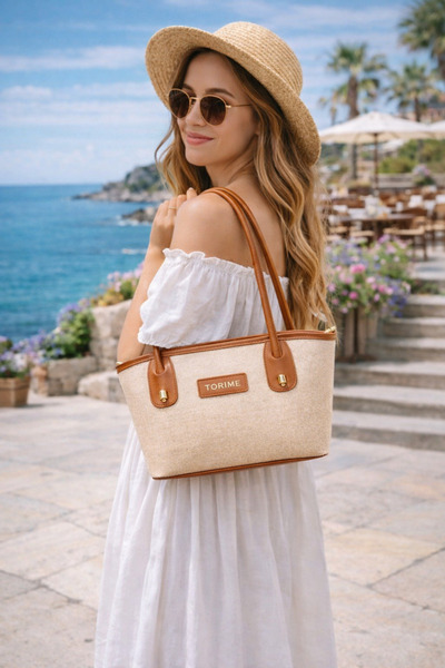torime Women's Tan Linen (Canvas) Shoulder Bag with Leather Detailing, Stylish Daily Handbag