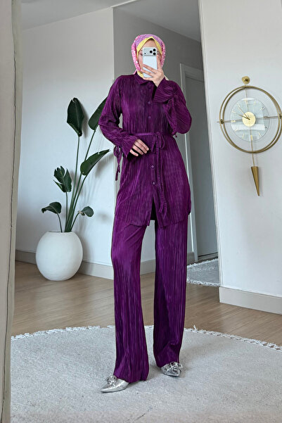 Tesettür Diyarı Noa Piliseli Πουκάμισο-Παντελόνι από τσαλακωμένο ύφασμα με δε...