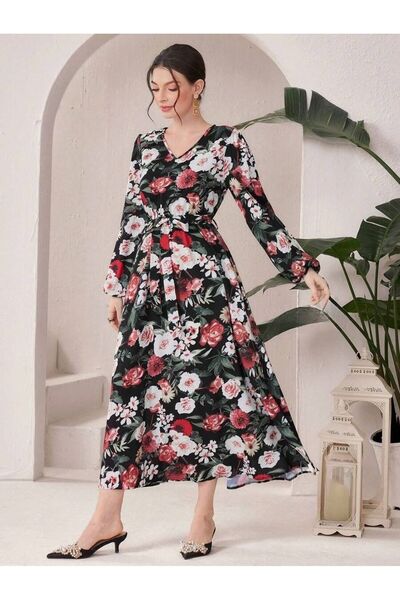 Iuliashop Rochie lungă neagră cu imprimeu floral Lidija - S
