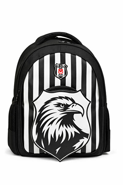 Beşiktaş Licensed School Bag with Rods - 3D Eagle Printed Black and White Bac...