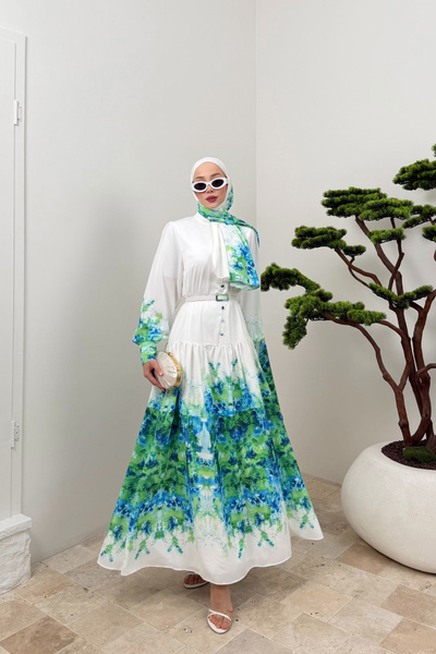 fushya design Şal Detaylı Hakim Yaka Eteği Sulu Elbise