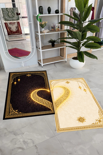 MENTEŞ HOME 2-Piece Prayer Rug Set with Non-Slip Base, Digital Printed 70X120 Black Cream Prayer Set