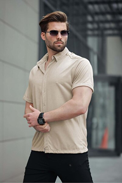 Madmext Μπεζ βασικό κοντομάνικο ανδρικό πουκάμισο E6760