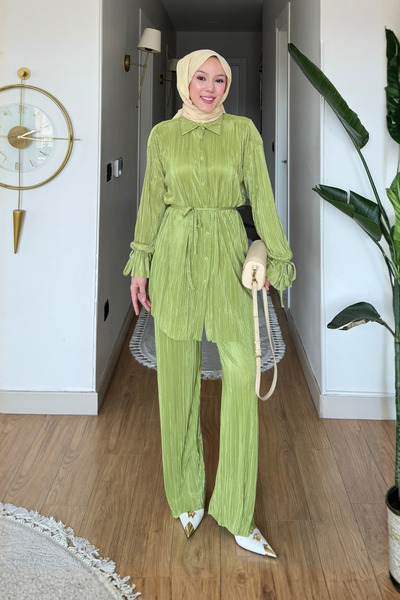 Tesettür Diyarı Noa Piliseli Πουκάμισο-Παντελόνι από Πλισέ Ύφασμα με Δέσιμο σ...