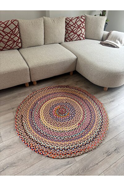 MaVaux Şölen Renkli Hasır Yuvarlak Kilim El Örgüsü Doğal Jüt Bohem Dekoratif ...