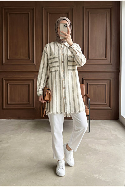 MODAQU Λινό πουκάμισο με φούντες στο τελείωμα της φούστας - Μπεζ