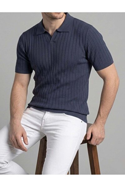 homiro Ανδρικό μπλουζάκι εφαρμοστό Ecru Knitwear με λαιμόκοψη Polo - Μπλε σκούρο