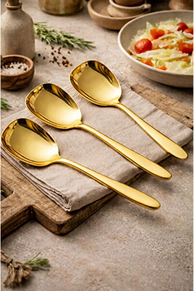 TUMU LIFE 3’lü Gold Paslanmaz Çelik Servis Kaşığı Seti 21 cm Lüks Salata & Ye...