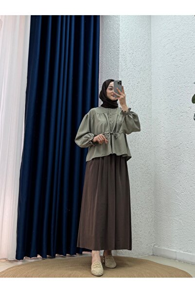 MİHRA STORE Sümeyra Beli Tünelli Κοντό πουκάμισο με λάστιχο στα μανίκια και κ...