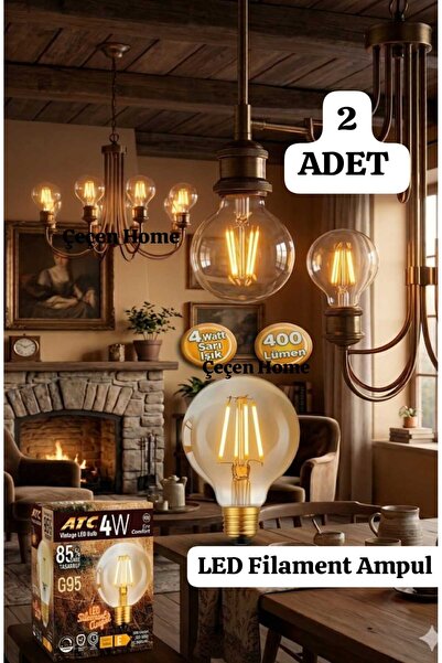 ÇEÇEN HOME (2 Adet) Vintage Led Filament Ampul G95 Kırılmaz 4W Dekoratif Sarı...
