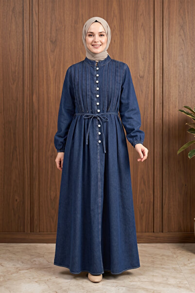 FERHEL Γυναικείο τζιν φόρεμα με ελαστικούς μανίκια, δεμένη μέση, πλισέ και κο...