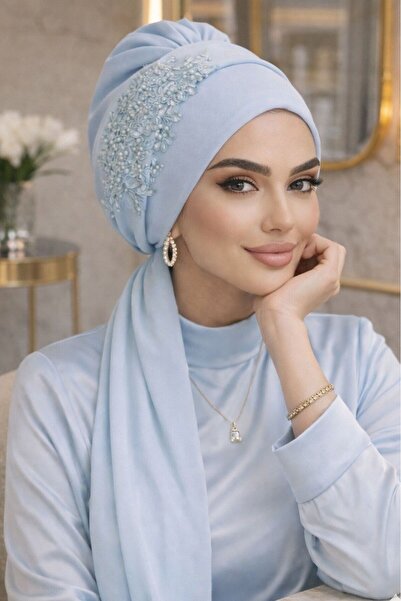 Aişe tesettür Βρεφικό Μπλε Κεντημένο Φουλάρι Βραδινό Φόρεμα με Κορδέλα