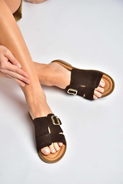 Fox Shoes Y944791002 Brown Genuine Leather Suede Women's Slippers