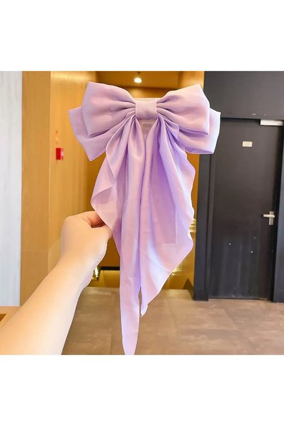 Cinderella Lilac Purple Tone Women's Satin Long Bow Automatic Hair Clip - Large Bow Ribbon Clip Hairpin