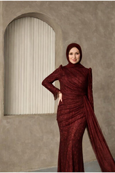 VİBRANTTEKSTİL KADIN TESETTÜR ABİYE DANTEL İŞLEMELİ BELDEN KUYRUKLU DRAPE DET...