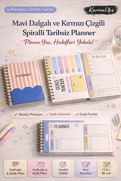 KarmaOfis Plavi talasasti crveno prugasti spiralni nedatirani planer | Tjedni...