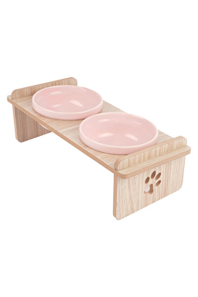 GOBYPET Ahşap Standlı Seramik Kaseli Kedi-Köpek Mama Ve Su Kabı