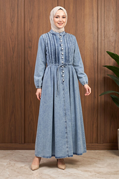 FERHEL Γυναικείο τζιν φόρεμα με ελαστικούς μανίκια, δεμένη μέση, πλισέ και κο...