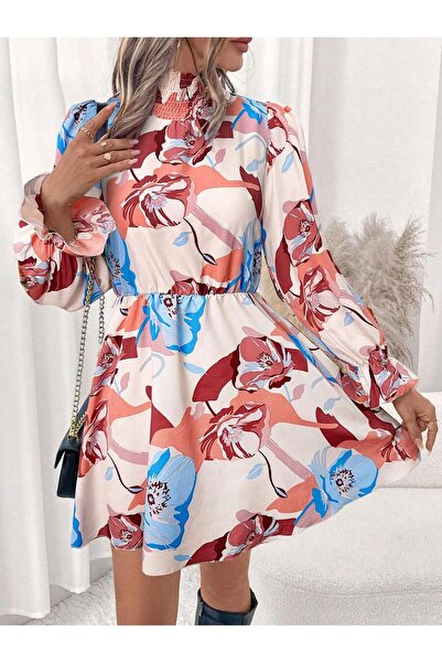 Iuliashop Rochie scurtă crem Cerisia cu imprimeu floral multicolor - M