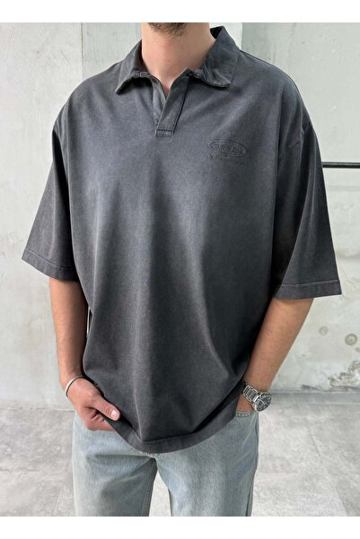 DIFRANSEL JEANS Never Lock Embroidered Washable Anthracite Polo Neck T-Shirt