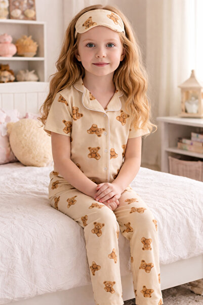 zahider Κοριτσίστικο βαμβακερό σετ πιτζάμες με σχέδιο αρκουδάκι, με κορδέλα γ...