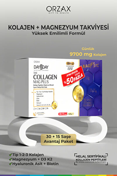 DAY2DAY Collagen Mag Plus 9700 mg Kolajen + Magnezyum + D3 K2 + Biotin 45 Saşe