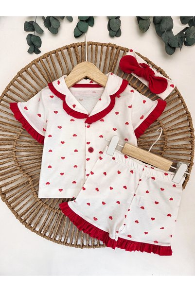 Panfilia %100 Pamuk Kısa Kollu Saç Bantlı Şortlu Yazlık Kız Bebek Pijama Takımı