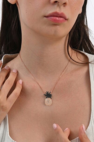 Söğütlü Silver 925 Ayar Gümüş Kolye Rose Kaplama Onix Taşlı Ananas Kolye - Iş...