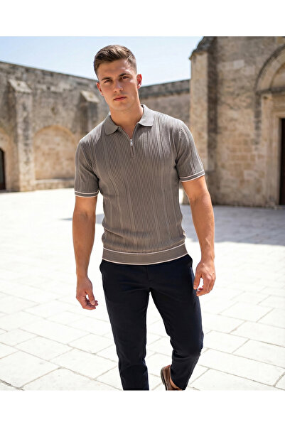 SAYZEN YOUR SHİNE Striped Jacquard Zippered Polo Collar Men's T-Shirt